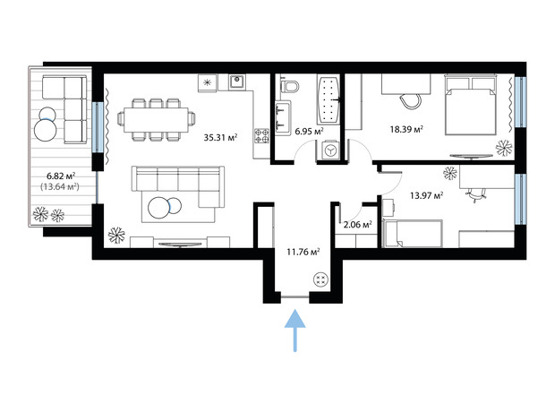 ЖК Sky City: планування 2-кімнатної квартири 95.26 м²
