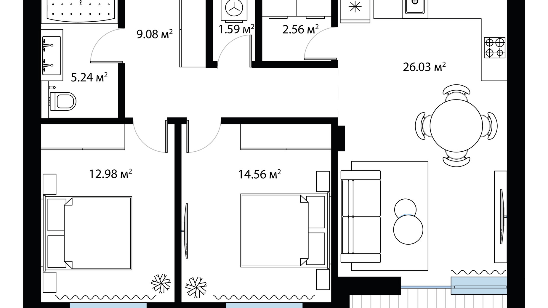 Планировка 2-комнатной квартиры в ЖК Sky City 75.66 м², фото 649989