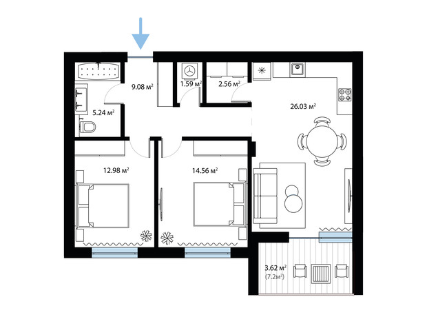 ЖК Sky City: планировка 2-комнатной квартиры 75.66 м²