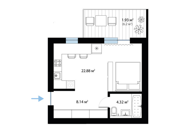 ЖК Sky City: планування 1-кімнатної квартири 37.27 м²