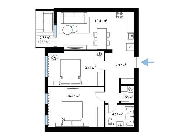 ЖК Sky City: планування 2-кімнатної квартири 65.89 м²