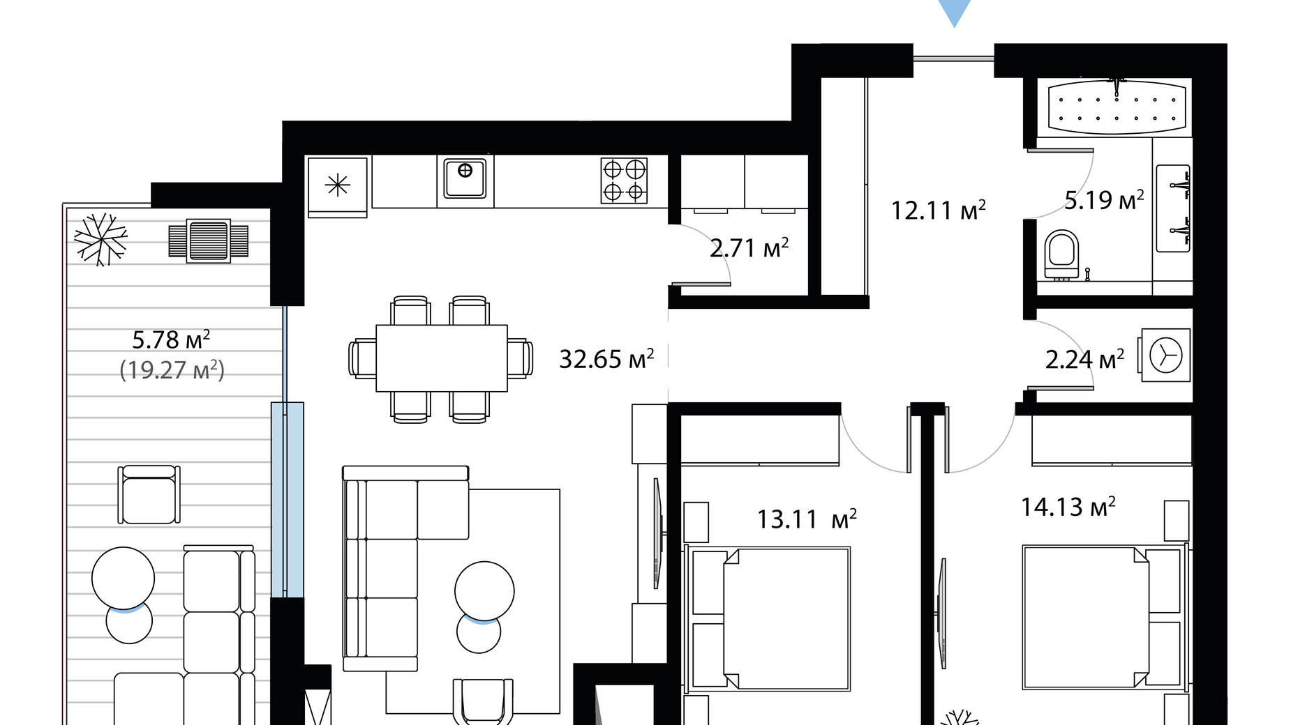 Планировка 2-комнатной квартиры в ЖК Sky City 85.21 м², фото 649999