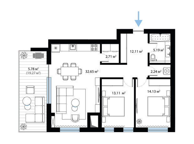 ЖК Sky City: планировка 2-комнатной квартиры 85.21 м²