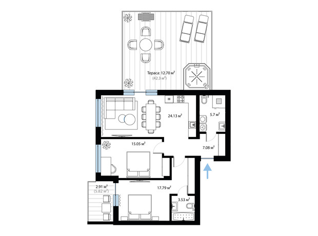 ЖК Sky City: планування 2-кімнатної квартири 88.89 м²
