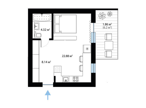 ЖК Sky City: планування 1-кімнатної квартири 37.28 м²