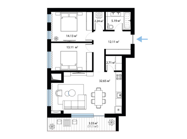 ЖК Sky City: планування 2-кімнатної квартири 85.47 м²