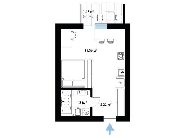 ЖК Sky City: планування 1-кімнатної квартири 32.63 м²