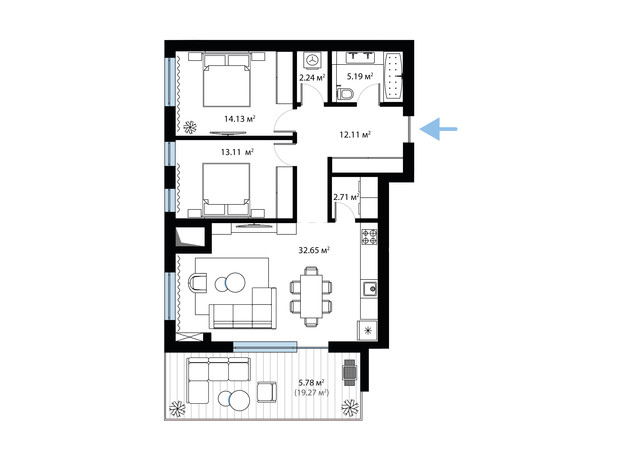 ЖК Sky City: планування 2-кімнатної квартири 87.92 м²