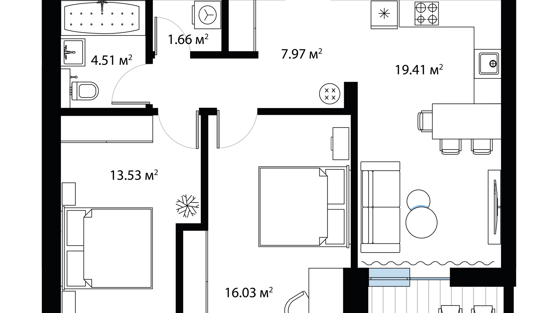 Планировка 2-комнатной квартиры в ЖК Sky City 65.99 м², фото 650014