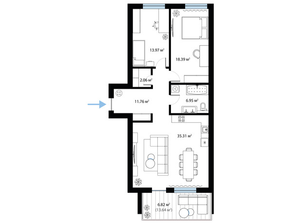 ЖК Sky City: планування 2-кімнатної квартири 95.26 м²