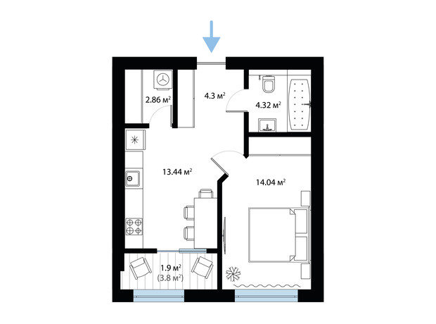 ЖК Sky City: планування 1-кімнатної квартири 40.86 м²