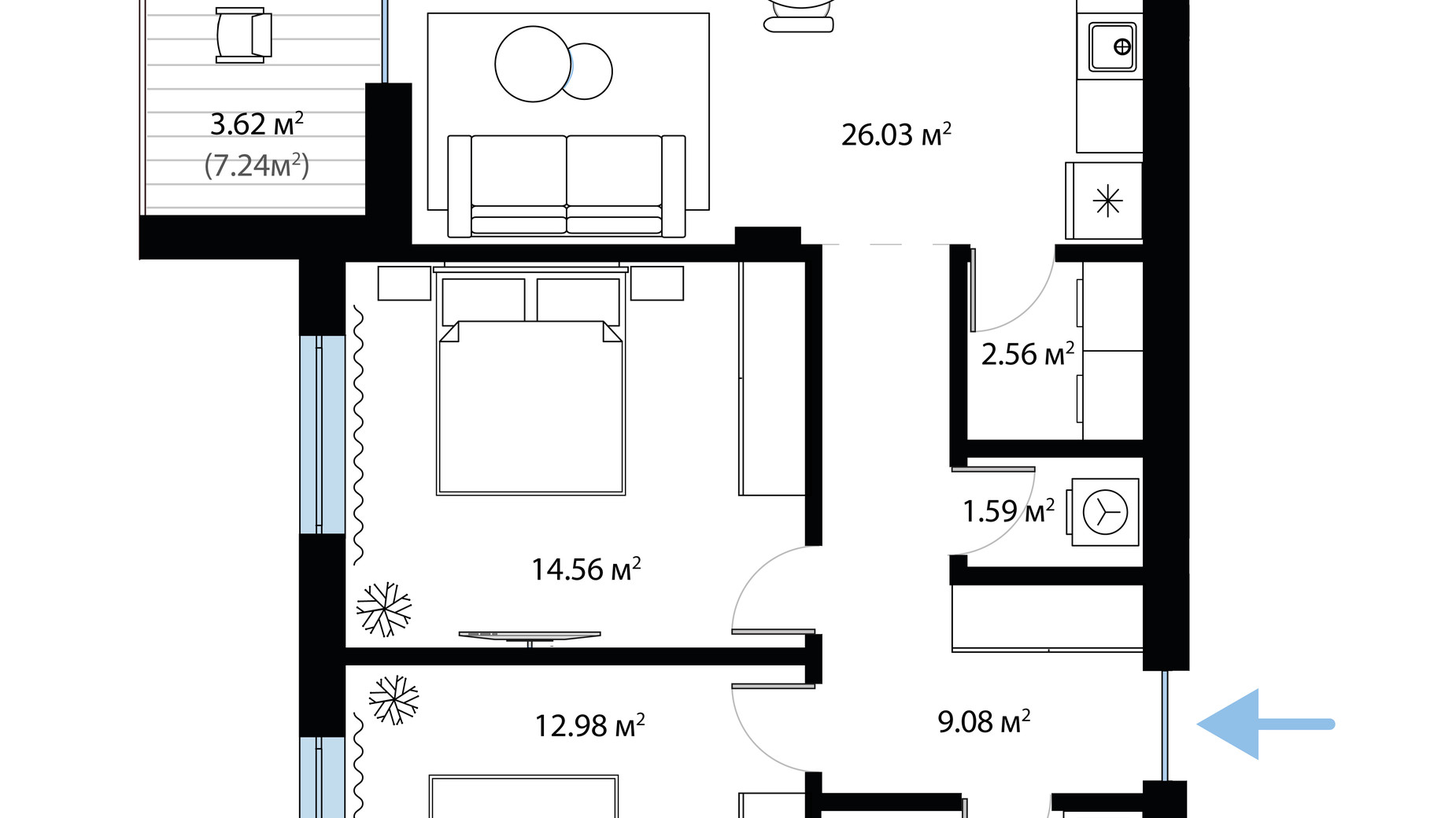 Планировка 2-комнатной квартиры в ЖК Sky City 75.66 м², фото 650018
