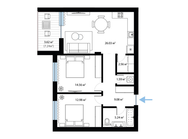 ЖК Sky City: планування 2-кімнатної квартири 75.66 м²