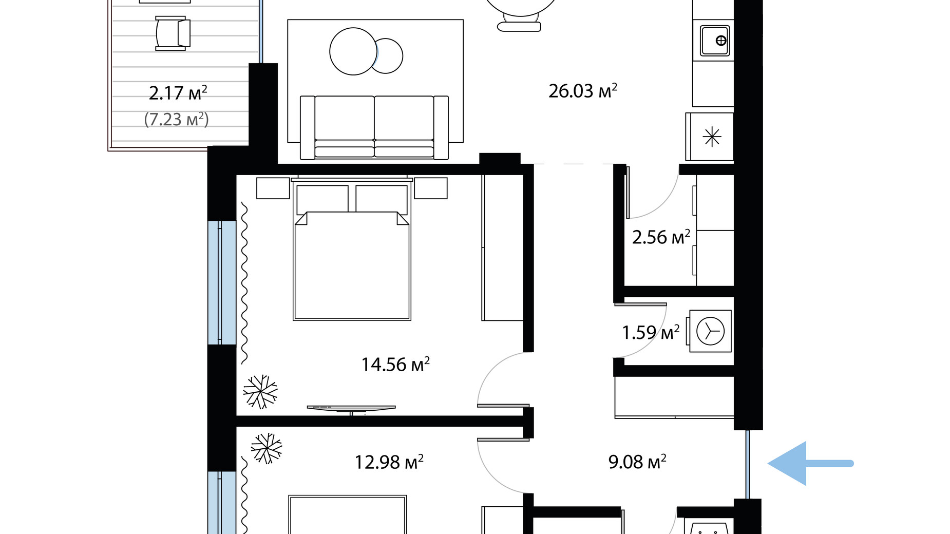 Планування 2-кімнатної квартири в ЖК Sky City 74.21 м², фото 650019