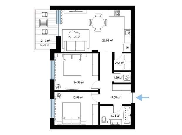 ЖК Sky City: планировка 2-комнатной квартиры 74.21 м²