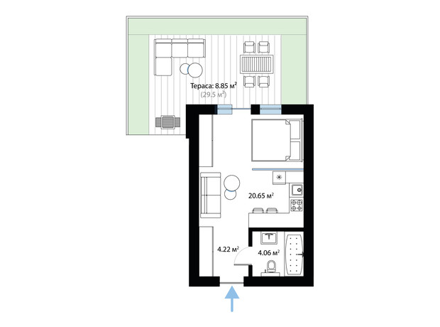 ЖК Sky City: планування 1-кімнатної квартири 37.78 м²