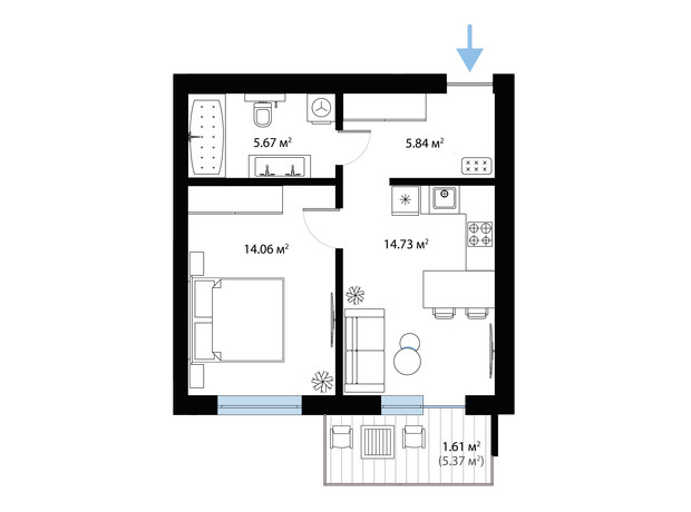ЖК Sky City: планування 1-кімнатної квартири 41.91 м²