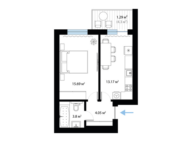 ЖК Sky City: планування 1-кімнатної квартири 38 м²