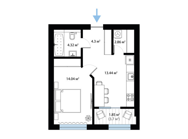 ЖК Sky City: планування 1-кімнатної квартири 40.81 м²