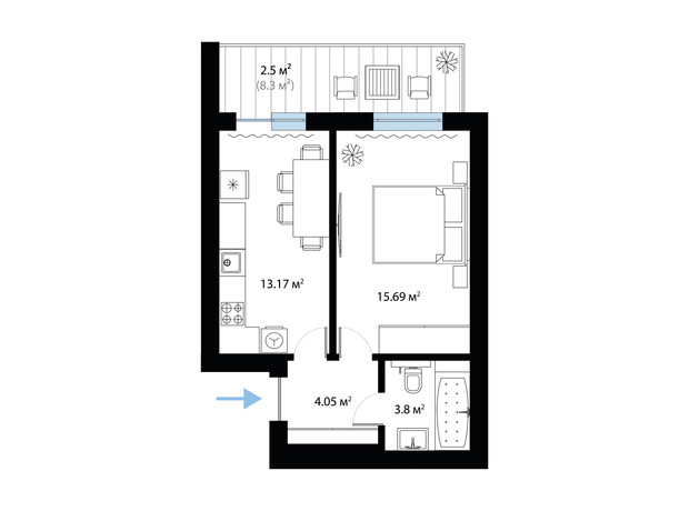 ЖК Sky City: планування 1-кімнатної квартири 39.21 м²