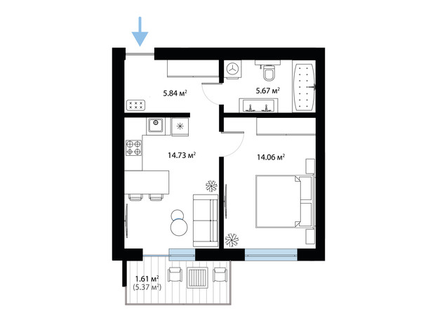 ЖК Sky City: планування 1-кімнатної квартири 41.91 м²