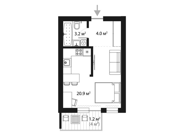 ЖК Sky Towers: планировка 1-комнатной квартиры 29.5 м²