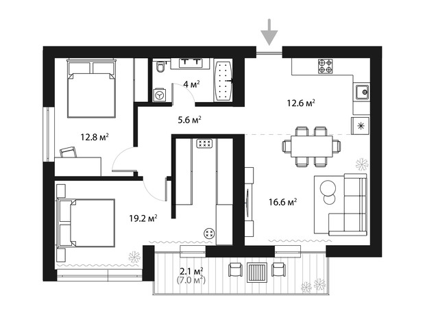 ЖК Sky Towers: планування 2-кімнатної квартири 72.9 м²