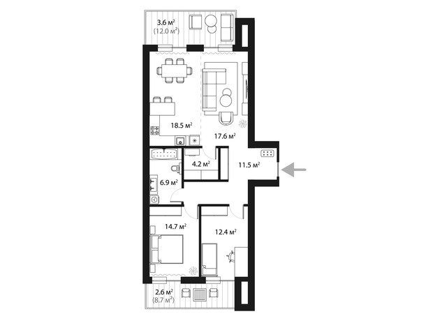 ЖК Sky Towers: планировка 2-комнатной квартиры 92 м²