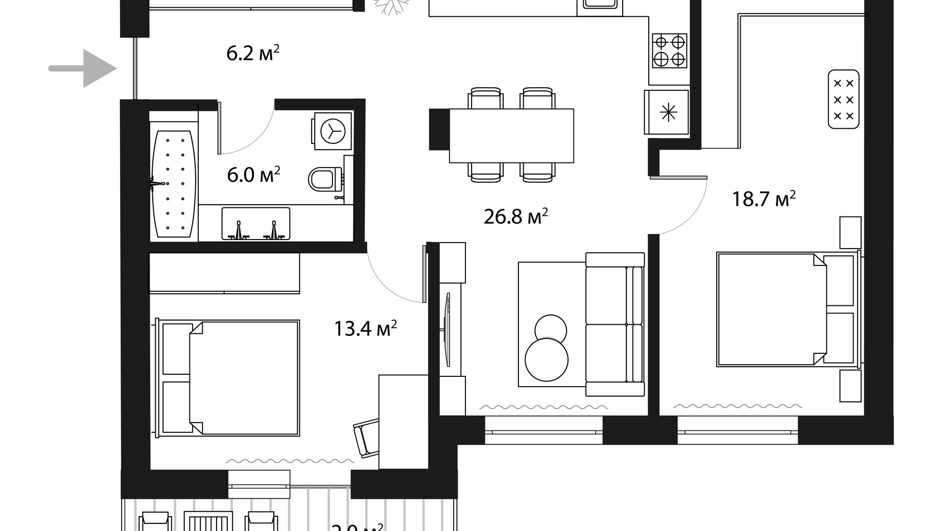 Планування 2-кімнатної квартири в ЖК Sky Towers 73.1 м², фото 650048