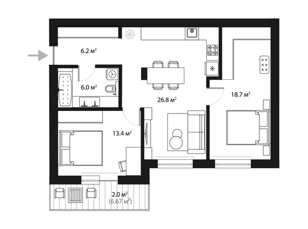 ЖК Sky Towers: планування 2-кімнатної квартири 73.1 м²