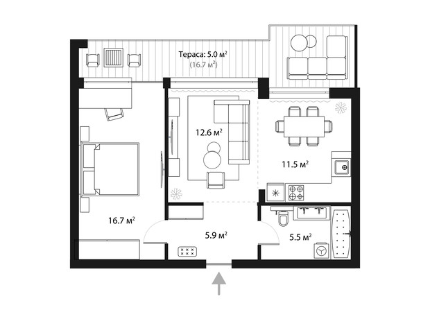 ЖК Sky Towers: планировка 1-комнатной квартиры 57.2 м²