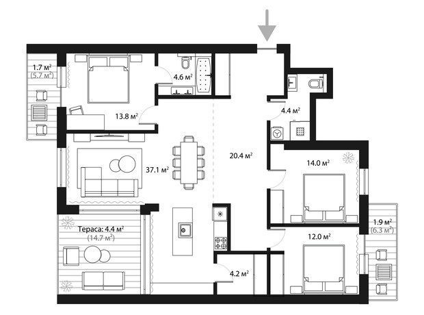 ЖК Sky Towers: планировка 3-комнатной квартиры 118.5 м²