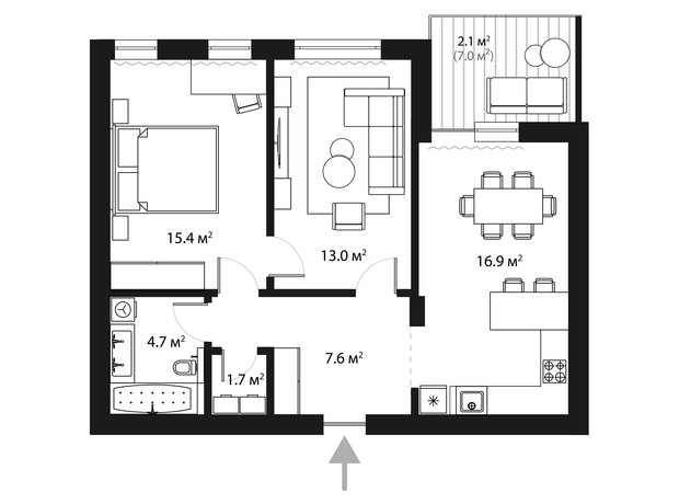 ЖК Sky Towers: планировка 2-комнатной квартиры 61.4 м²