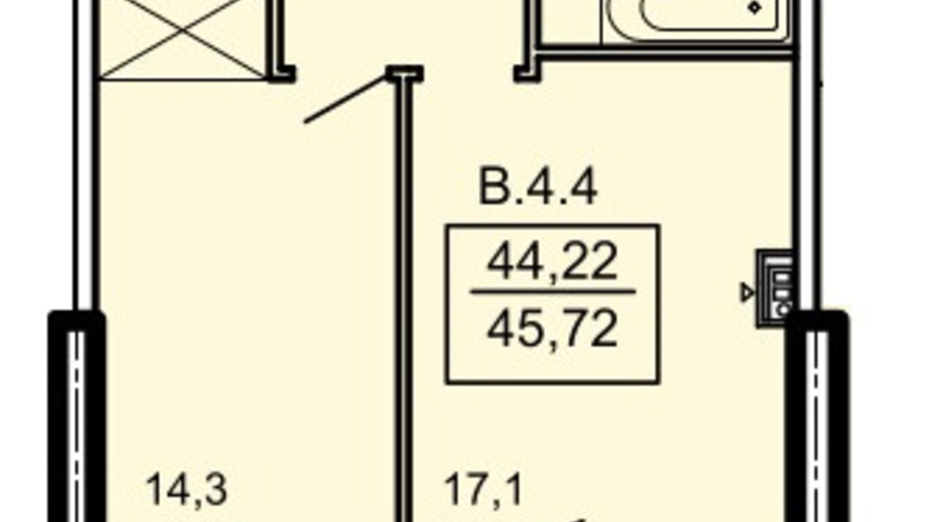 Планировка 1-комнатной квартиры в ЖК Акрополь 45.72 м², фото 650103
