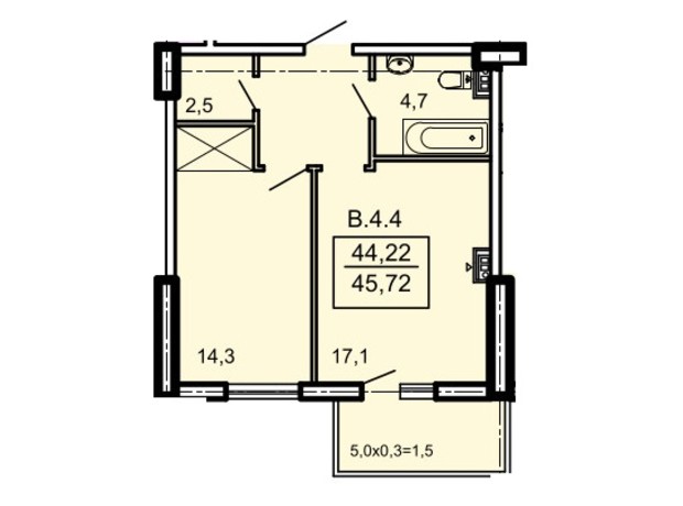 ЖК Акрополь: планировка 1-комнатной квартиры 45.72 м²