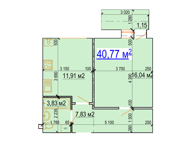 ЖК Manhattan: планировка 1-комнатной квартиры 40.77 м²