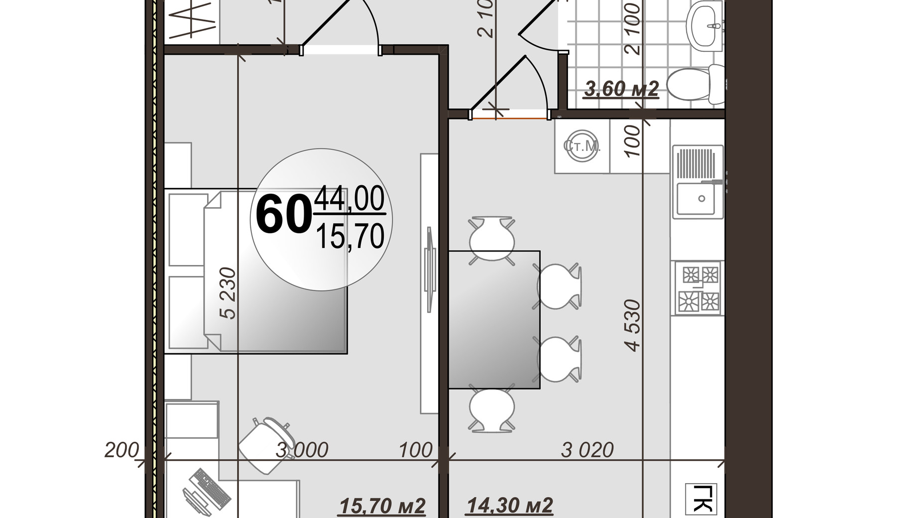 Планировка 1-комнатной квартиры в ЖК Добробуд 45 м², фото 650147