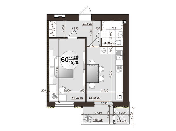 ЖК Добробуд: планировка 1-комнатной квартиры 45 м²