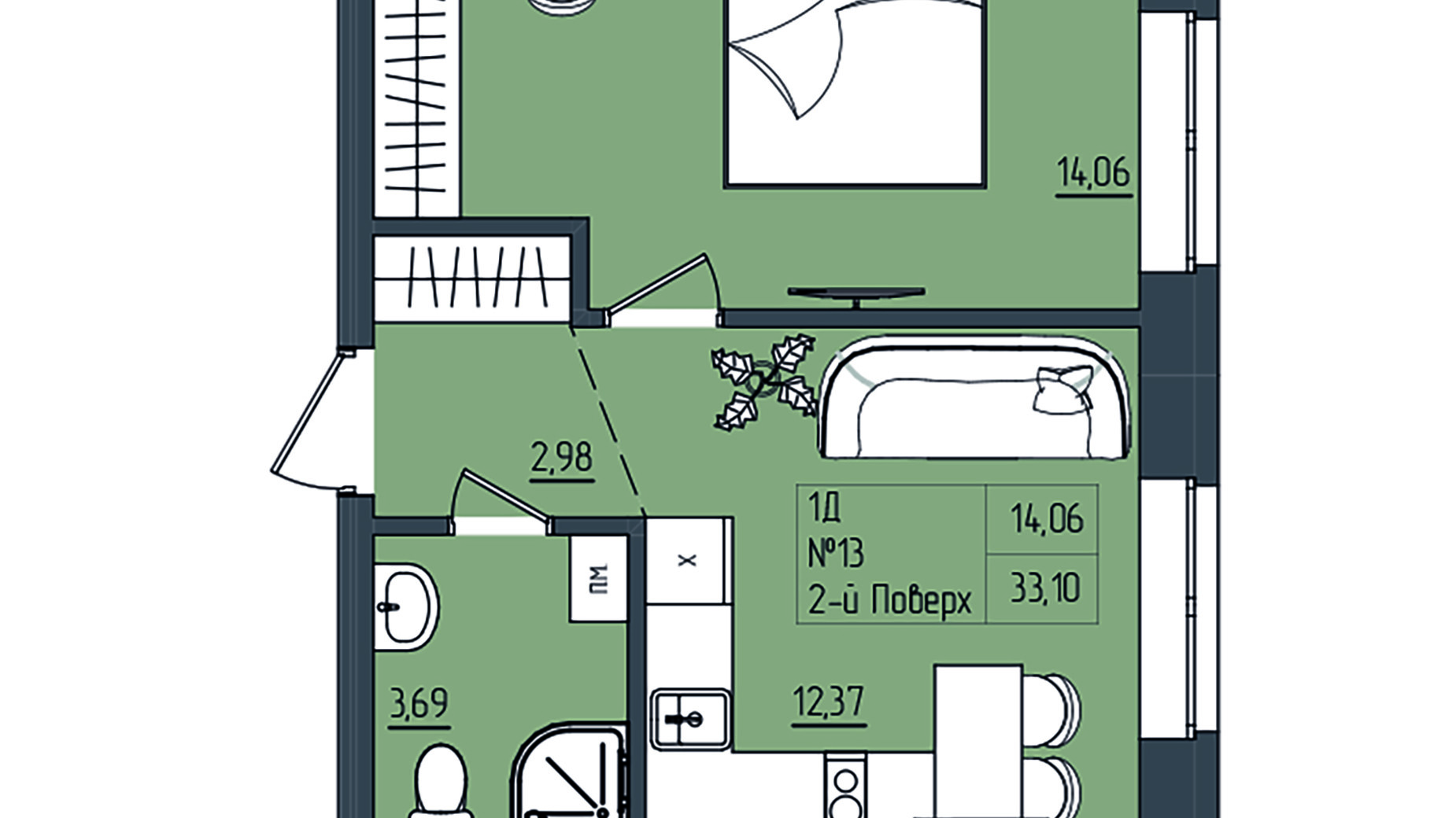 Планування 2-кімнатної квартири в ЖК Субурбія 48.52 м², фото 650155