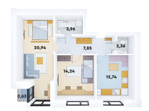 ЖК Супернова: планування 2-кімнатної квартири 62.72 м²