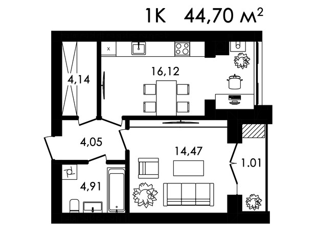 ЖК Нова Будова-2: планировка 1-комнатной квартиры 44.7 м²