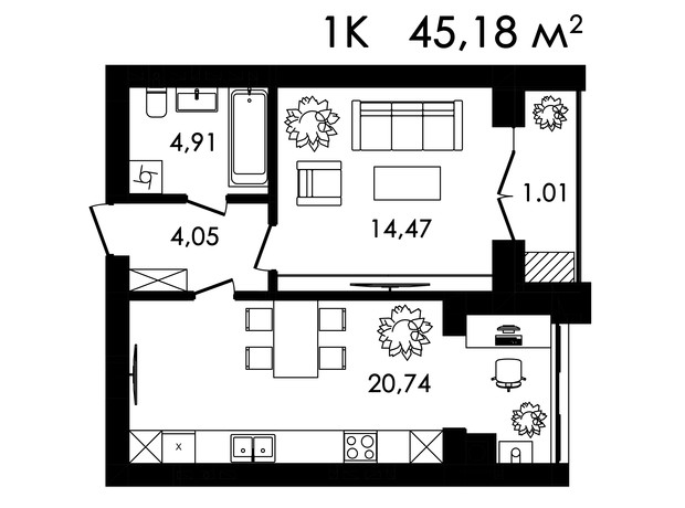 ЖК Нова Будова-2: планування 1-кімнатної квартири 45.18 м²