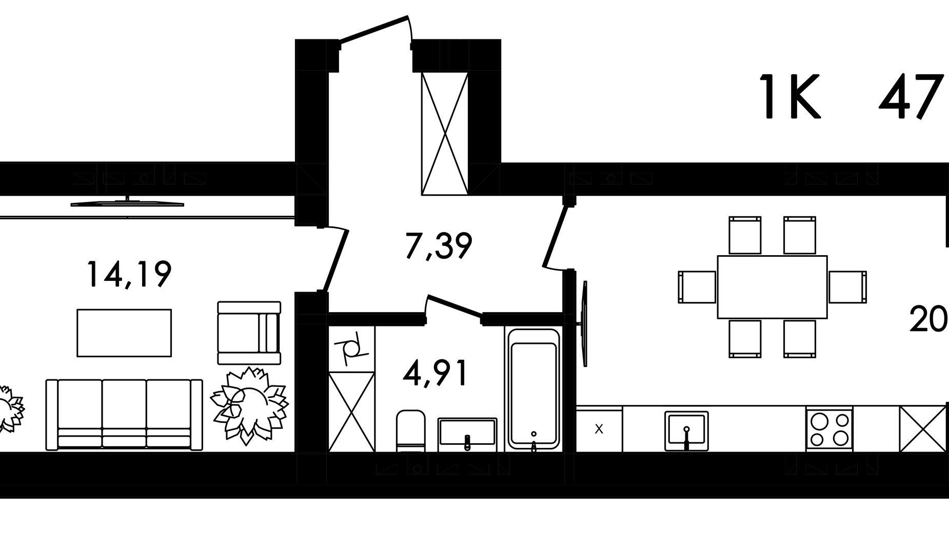 Планировка 1-комнатной квартиры в ЖК Нова Будова-2 47.86 м², фото 650289