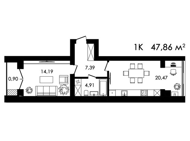 ЖК Нова Будова-2: планировка 1-комнатной квартиры 47.86 м²