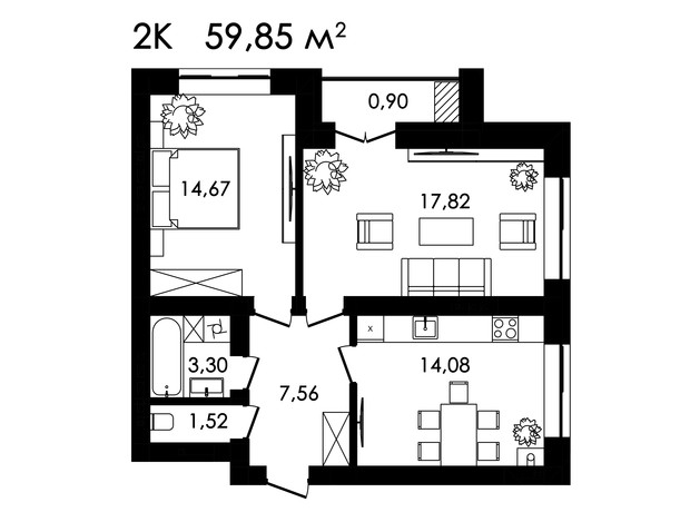 ЖК Нова Будова-2: планування 2-кімнатної квартири 59.85 м²