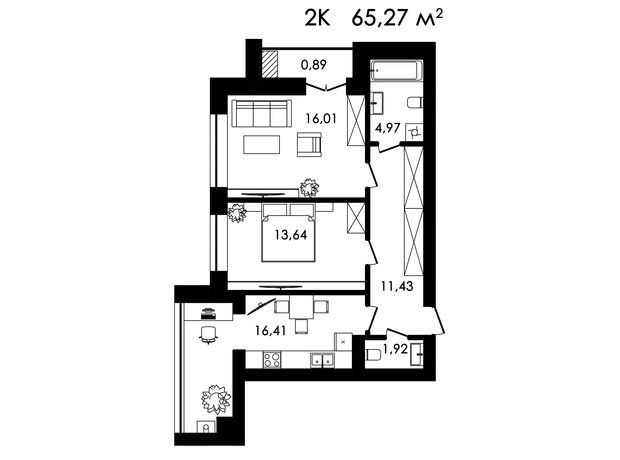 ЖК Нова Будова-2: планування 2-кімнатної квартири 65.27 м²