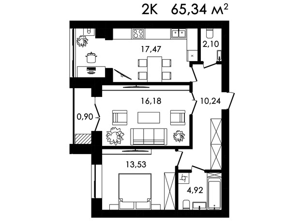 ЖК Нова Будова-2: планировка 2-комнатной квартиры 65.34 м²