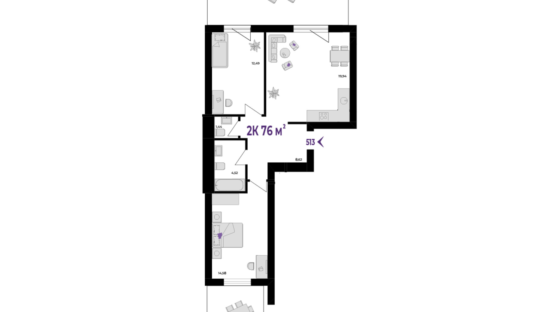 Планировка 2-комнатной квартиры в ЖК Wawel 76 м², фото 650368