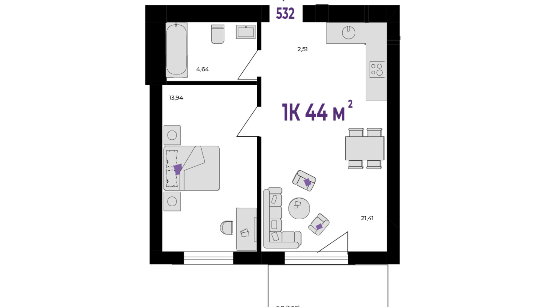 Планування 1-кімнатної квартири в ЖК Wawel 44 м², фото 650372