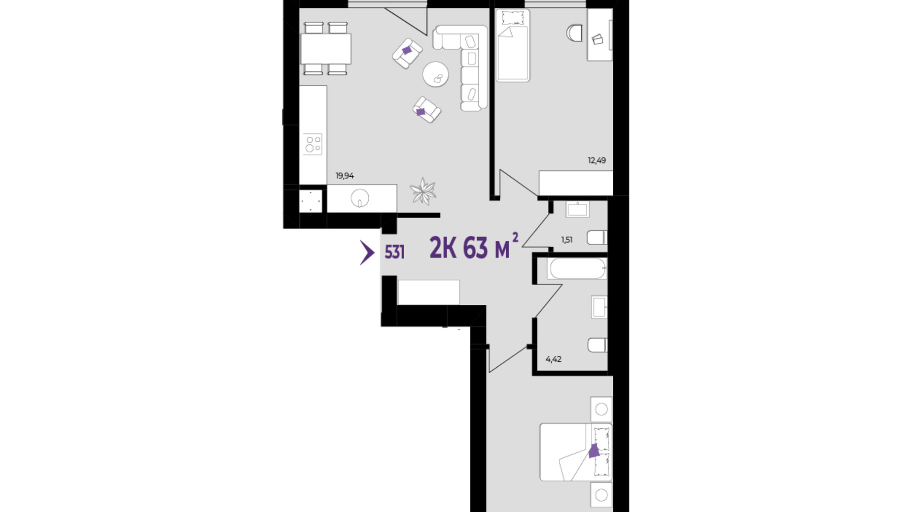 Планування 2-кімнатної квартири в ЖК Wawel 63 м², фото 650375